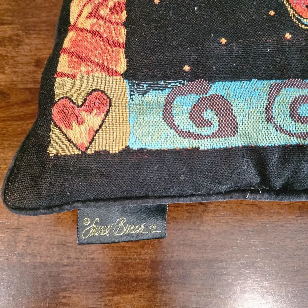 Vintage Laurel Burch Tapestry Graphic Design Throw Pillow Three Embroidered Dogs